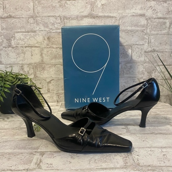 NINE‎ West Black Pointed Toed Leather Heels Women’s 7.5 M - Picture 1 of 12